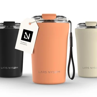Imagen de LARS NYSØM Taza térmica Café para llevar con correa y Tapa Tritan Termo de 0,38 litros aislante Travel mug acero inoxidable a prueba fugas (Pumpkin Orange, 380ml)