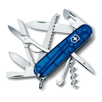 Imagen de Victorinox, Huntsman, Navaja Multiuso Suiza, Cuchillo bolsillo, Regalo, 15 Funciones, Hoja grande, Sacacorchos, Azul Transparente