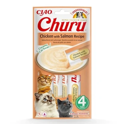 Imagen de INABA Churu Premios para Gatos Snacks Saludables Pollo y Salmón Textura Cremosa Sin Cereales, Conservantes, Colorantes Sólo 6 Cal 4x14g (56g)