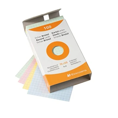 Imagen de Exacompta Bristol Tarjeta de registro, Cuadrícula (5x5), 75 x 125 mm, paquete 100 tarjetas, Surtido, tarjetas