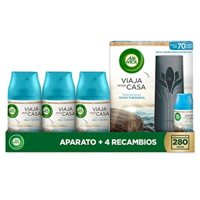 Imagen de Air Wick Freshmatic, Aparato y 4 Recambios de ambientador spray automático, Aroma a Oasis Turquesa, El embaleje puede variar