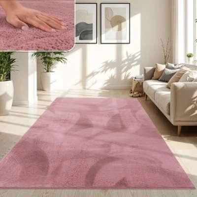 Imagen de TT Home Alfombra de Pelo Largo Suave Monocromo Moderna, Color:RosaColor Malva, Tamaño:160x220 cm