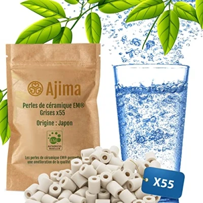 Imagen de Ajima Filtro de agua natural para jarra (55 perlas cerámica grises, EM® y botella, solución filtrante, ecológica, antical purificación,