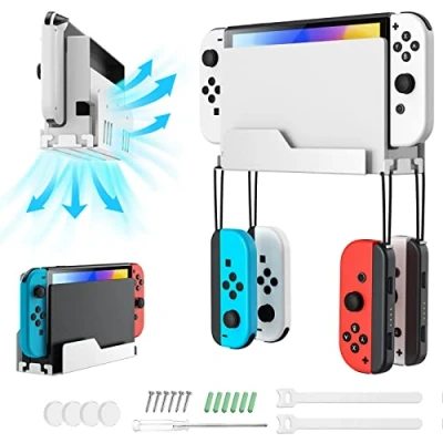 Imagen de MoKo Soporte de Pared para Consola Nintendo Switch/Switch OLED, Metal con Ganchos Controlador Joy con, Agujeros Disipar Calor, Fácil Instalación Guarda Switch Cerca del TV, Blanco