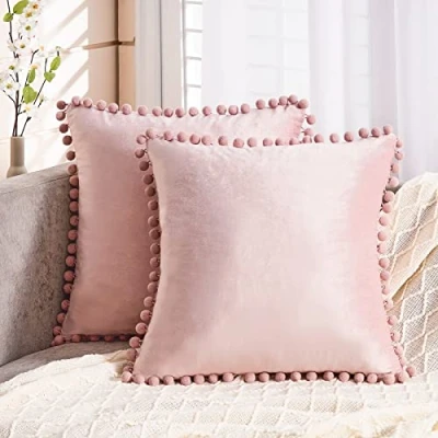 Imagen de Topfinel Fundas de terciopelo con pompones para cojines, un solo color, ideales decorar sofás, dormitorios o despachos