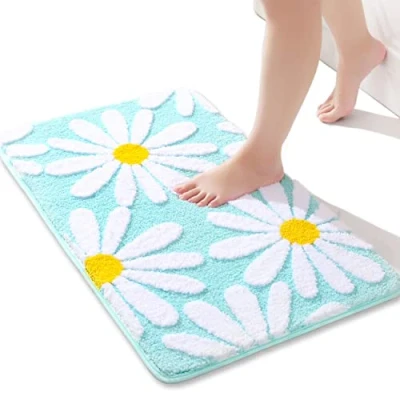 Imagen de alfombra de baño verde con flores blancas 40x60 cm, alfombrillas antideslizantes para baño, microfibra suave, tapete súper absorbente sala estar, ducha