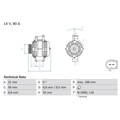 Imagen de BOSCH 0 986 047 840 Alternador 14V 90A MERCEDES BENZ: Sprinter 3.5 T Furgón, Bus, 5 Camión de plataforma/Chasis