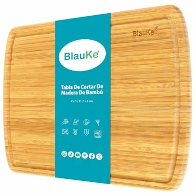 Imagen de Tabla de Cortar para Cocina, Madera Bambú (Grande 45x31cm) Bandeja Servir Comida, Cocina Carnes, Verduras, Quesos, Pan, Embutidos BlauKe®