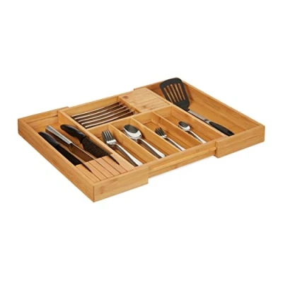 Imagen de relaxdays 10027482 Cubertero Bambú Extensible, 2 Bloques Cuchillos, Organizador Cubiertos para Cajón, 5 x 56 43 cm, Marrón, Tablero de Fibras