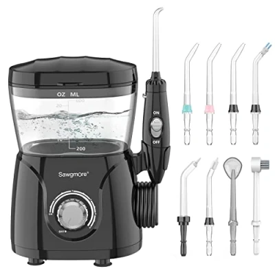 Imagen de Sawgmore Irrigador Dental, Bucal Profesional con 8 Boquillas Multifuncionales, 10 Ajustes de Presión del agua, Capacidad 600ml, Limpieza Dientes, Aprobado por la FDA/CE Negro