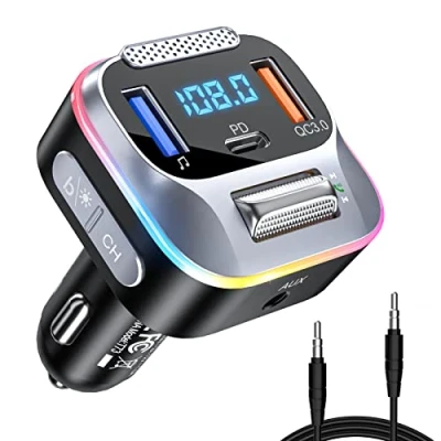 Imagen de LENCENT Transmisor FM Bluetooth 5.0, Cargador de Coche PD+QC3.0, Adaptador Música Radio AUX, Encendedor Cigarrillos con Sonido HiFi Bass, Soporte Asistente Google,Siri,Manos Libres