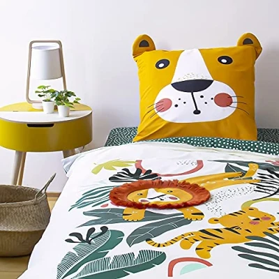 Imagen de Coste Deco Juego de cama infantil reversible león, verde y amarillo, 140 x 200 cm + 1 funda almohada 63 cm, 100% algodón