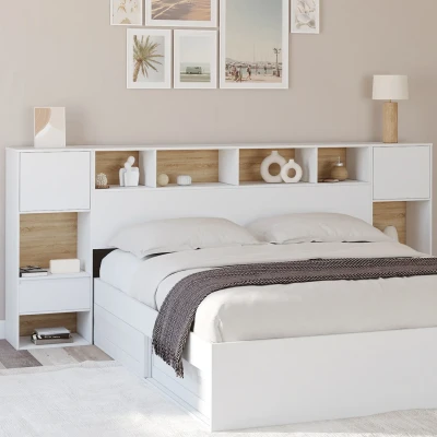 Imagen de CAMPHA Cabecero exento de 240 cm con mesillas noche madera y blancas + cajones hornacinas IDMarket