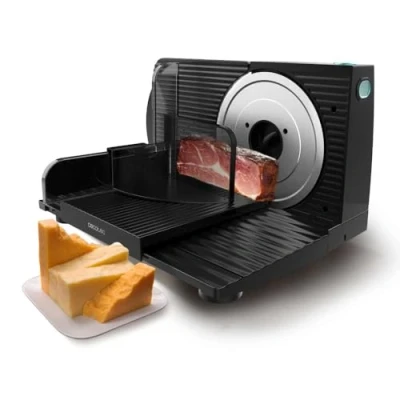 Imagen de Cecotec Cortafiambres Rock’nCut Shuriken. 150W, Disco extraíble de 17cm Diámetro, Diferentes Alimentos, Ajuste gradual 0 a 15mm, QuickOut, Plegable, Cuerpo Plástico, Acero Inoxidable