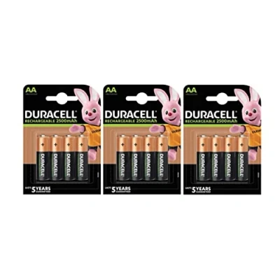 Imagen de 12 pilas recargables Duracell AA, 2500 mAh (3 blísters de 4 baterías) y
