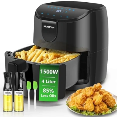 Imagen de Aigostar Freidora de aire 4L con 2 dispensadores vidrio, 8 programas Air Fryer 1500W, Temporizador 60 minutos, pantalla LED táctil, precalentamiento rápido, Recordatorio agitación, Libre BPA