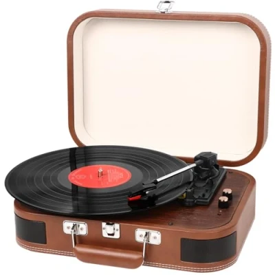Imagen de Tocadiscos de Vinilo, Vintage Bluetooth para Discos Vinilo estéreo 3 velocidade 33/45/78 RPM,Gramófono Fonógrafo Retro con Apoyo RCA Salida AUX, Marrón