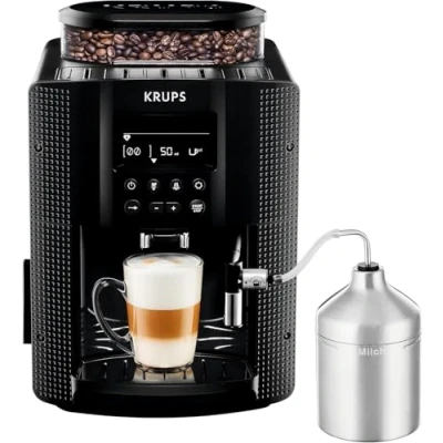 Imagen de Krups Essential Cafetera súper automática, 15 Bares de presión, Molinillo cónico Metal, con selección cantidad e Intensidad café, 1.7 l, 1 Cups, Acero, Pantalla LCD + Acc. Leche