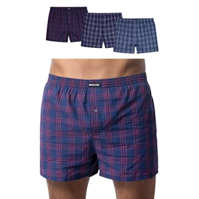 Imagen de Snocks Calzoncillos Hombre Boxer Tela Corte Americano 100% Algodón Orgánico Pack 3 Talla L Diseño: Mix Cuadros Grandes (Azul)