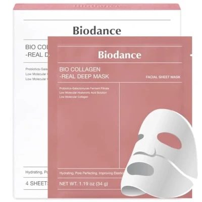 Imagen de Biodance Bio Collagen Máscara Cara Profunda, 4 Hojas, 34g, Hidratante y Reafirmante con Ácido Hialurónico Galactomycetos