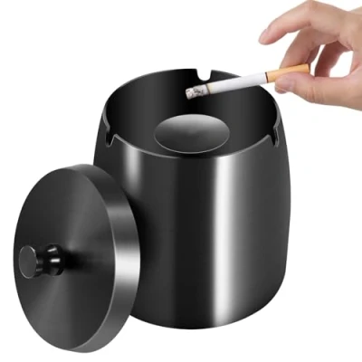 Imagen de Litimkat Cenicero, Cenicero para Exteriores, con Tapa, Base Antideslizante de Acero Inoxidable, Adecuado el hogar, Oficina, Escritorio, Patio, balcón al Aire Libre (Negro)