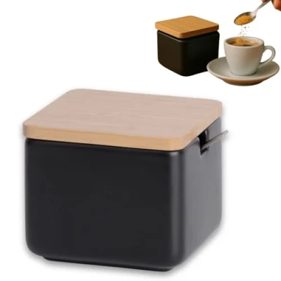 Imagen de KOOK TIME azucarero original cerámica con tapa de madera Bambú y Cucharilla acero inoxidable Uso ideal como salero Medidas: 10 x10 x 9 cm. color: Negro