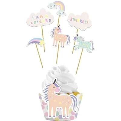 Imagen de Folat Set de decoración para cupcakes Unicorns &amp; Rainbows 12 piezas, multicolor (68303)