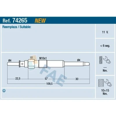 Imagen de FAE 74265 Bujía de precalentamiento 11V 10x1 OPEL: Zafira B, Astra H Hatchback, Vectra C Berlina, FIAT: BRAVO 2, Stilo Doblo I Cargo