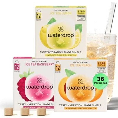 Imagen de waterdrop® Té Frio Mix, 36 Pastillas Saborizantes Para Agua Sin Azúcar, Verde y Negro, 3 Sabores Agua: Melocotón, Limón, Frambuesa, Refresco Instantaneo, Infusiones Variadas Polvo, Ice Tea