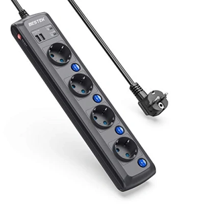 Imagen de BESTEK Regleta Enchufes 2000J Protección de Sobretensiones 4 Tomas 2 USB con Interruptor Individual Multiple Cable 1.8m (Ignífugo V 0, Potencia 3600W, 2000 Joules, Negro)