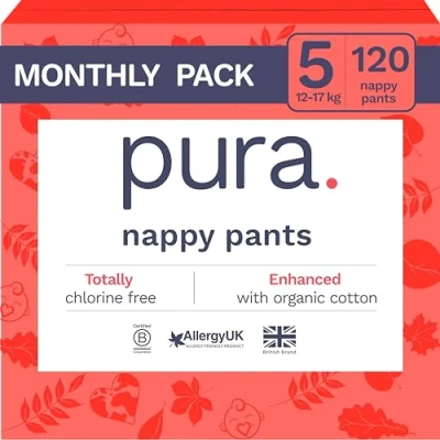 Imagen de Pura Eco Nappy Pants Size 5 (12 17kg), 6 x 20 Nappies (120 Total), Pull Up Disposable Baby for Sensitive &amp; Allergy Prone Skin, Hypoallergenic, Fragrance Free, Easy Tear Side, New Guide