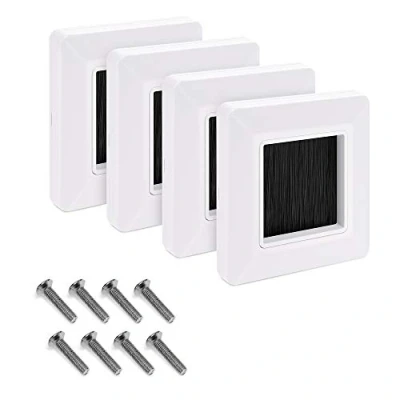 Imagen de kwmobile 4x Placa de pared con cepillo Cubierta oculta para tapar cables salidas hoyos y cableado Set pasacables enchufe europeo Blanco