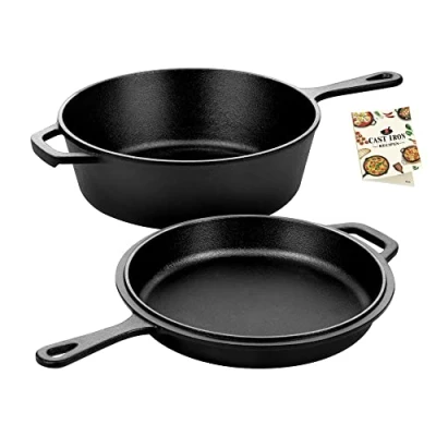 Imagen de Overmont Cocina combinada de hierro fundido pre sazonada 3 L/3.2 cuartos con tapa, 2 en 1 receta libro cocina, horno holandés litros, sartén 1.4 L, parrilla funciona hornear,
