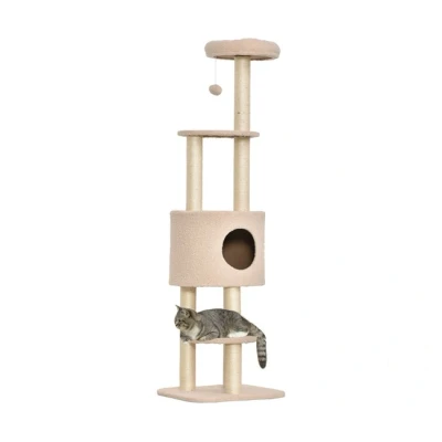 Imagen de PawHut Árbol Rascador para Gatos Altura 148 cm Torre con Postes de Sisal 3 Plataformas Casita y Bola Colgante Beige
