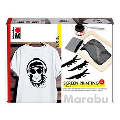 Imagen de Marabu 1703000000082 Kit de serigrafía para telas claras y oscuras con 100 ml tinta impresión en negro, marco serigrafía, raspador cuchillo paleta