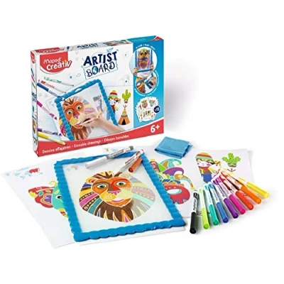 Imagen de Maped Set de Manualidades para Niños Kit Dibujos Borrables Máscaras Apto a Partir 6 Años Incluye 1 Pizarra Transparente, Paño, 15 Fichas Actividades, 10 Rotuladores y Borrador