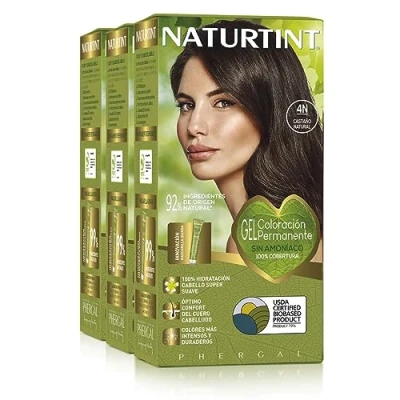 Imagen de Naturtint Biobased Coloración sin amoniaco 100% cobertura de canas Ingredientes vegetales Color Natural y duradero 4N Castaño Pack 3