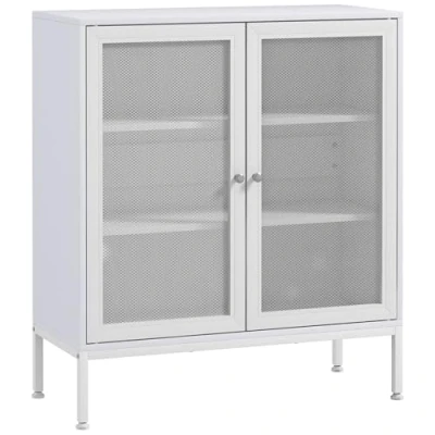 Imagen de HOMCOM Aparador de 3 Niveles Mueble con Puertas Malla y Estante Ajustable Cocina Moderno Bueffet para Salón Comedor 80x37x92 cm Blanco