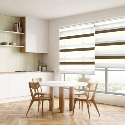 Imagen de Blindecor Lira estor enrollable noche y día, tricolor marrón, crema, blanco, 100 x 180 cm (ancho alto). Tamaño de la Tela 97 175 cm. Estores dia elegantes