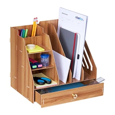 Imagen de Relaxdays Organizador Escritorio 3 Compartimentos A4, Baldas, 2 Portalápices, 1 Cajón, Oficina, MDF, Marrón Oscuro, Tablero de Fibras, 29,5 x 33 24 cm