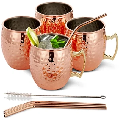 Imagen de Oak &amp; Steel Set de 4 Tazas Elegantes Moscow Mule en Acero Inoxidable con Pajita Cobre 550 ml Capacidad, Amantes Las