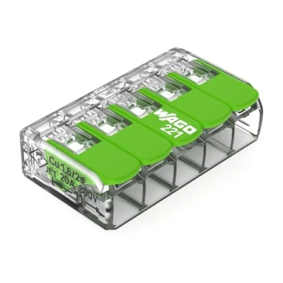 Imagen de WAGO Green Range 221 423 Terminal de conexión 5 conductores hasta 4 mm² con palancas para todos los tipos escalera, 8 unidades