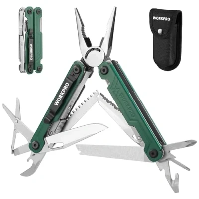 Imagen de WORKPRO Alicates Multiusos 18 en 1, Multifunción con Bolsa, Herramienta Multifuncional Plegable de Acero Inoxidable Sierras Destornillador Lima para Camping, Azul