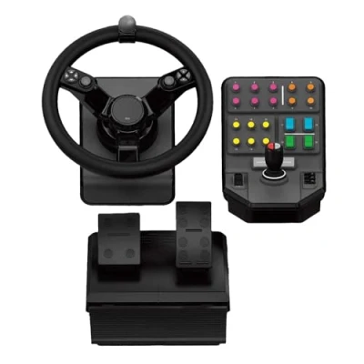 Imagen de Logitech G Controlador Saitek Farm Sim, paquete Farming Simulator compuesto por volante, consola de control, pedales acelerador y freno, rango dirección 900, más 38 botones, conexión USB, PC/Mac, negro