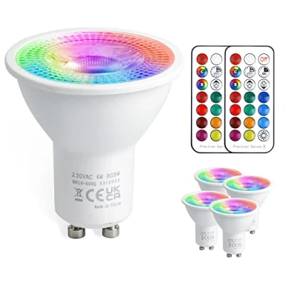 Imagen de VARICART Bombilla LED RGBW GU10 5W, Colores Cambiantes RGB Foco, Blanco Frío 6000K, 12 Regulable con Control Remoto, 5W Equivalente 50W, para Decoración Del Hogar (Paquete de 4)