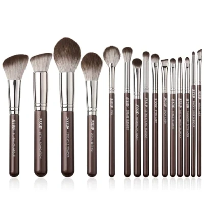 Imagen de Jessup Brochas de Maquillaje Marrón 15Pzs Set Profesional Pincele para Base en Polvo,Corrector,Cejas,Sombra Ojos, Contorno,Delineador Ojos,Pinceles Mezclar Ojos,T498