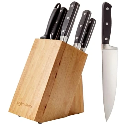 Imagen de Amazon Basics Juego de Cuchillos Cocina y Soporte (9 Piezas), Negro