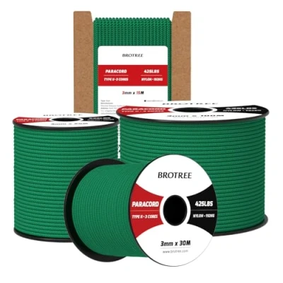 Imagen de Brotree Paracord 3mm 50M Cuerda 100% Nylon Tipo II 3 Hebras 425 para Exterior, Bricolaje 192 kg Carga de Rotura (Verde Kelly)