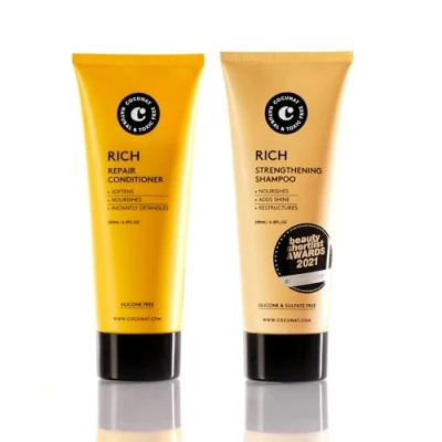 Imagen de COCUNAT Pack Rich Pelo Seco, Rizado, Dañado o Teñido Champú y Acondicionador Natural Puntas Abiertas Encrespamiento Hidrata Sin Sulfatos ni Siliconas Método Curly 200 ml