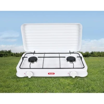 Imagen de ALGON Hornillo de Gas 2 Fuegos con Tapa Cocina Portátil para Camping, Emergencias y Hogar